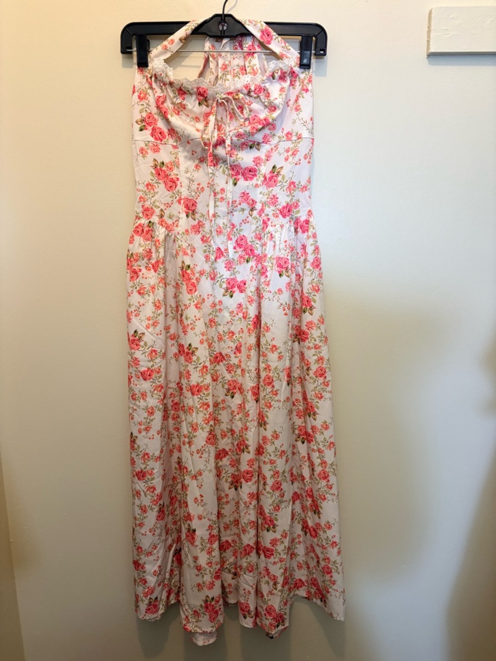 RIHOAS Cream Floral Halter Maxi Dress with Pink Rose Print